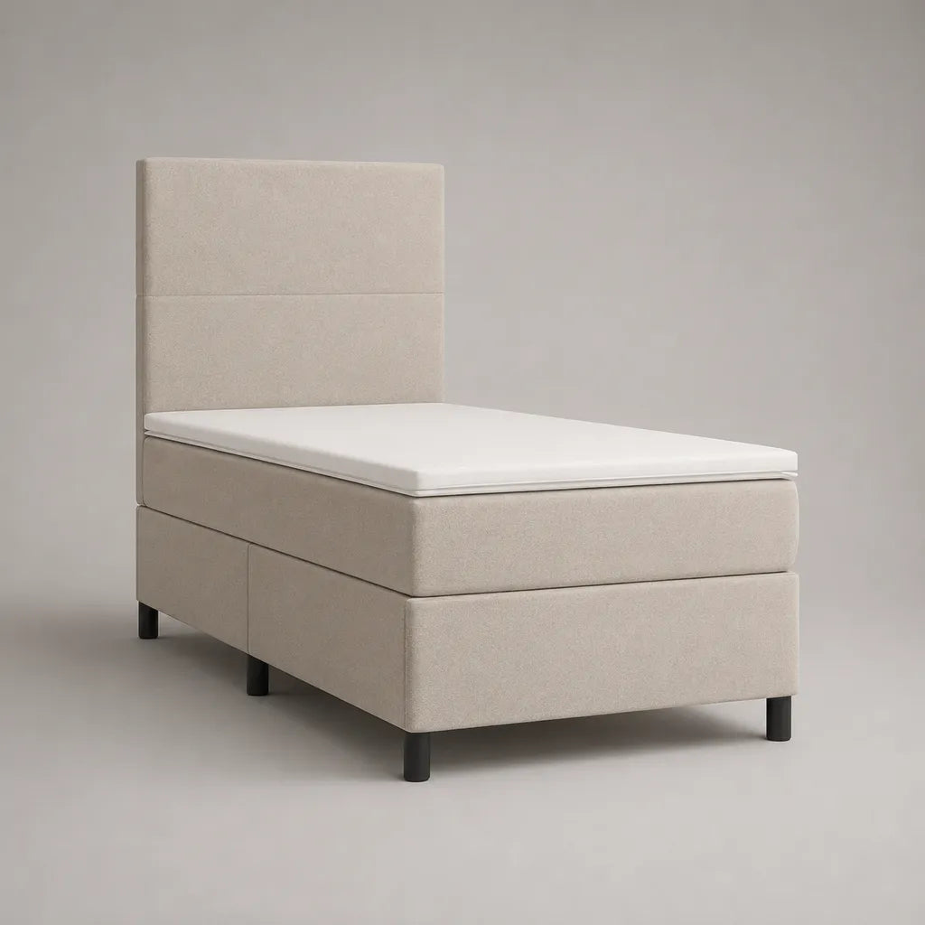 Ensemble lit continental 1 place en polyester beige avec matelas, surmatelas et tête de lit, couchage 90 x 200 cm