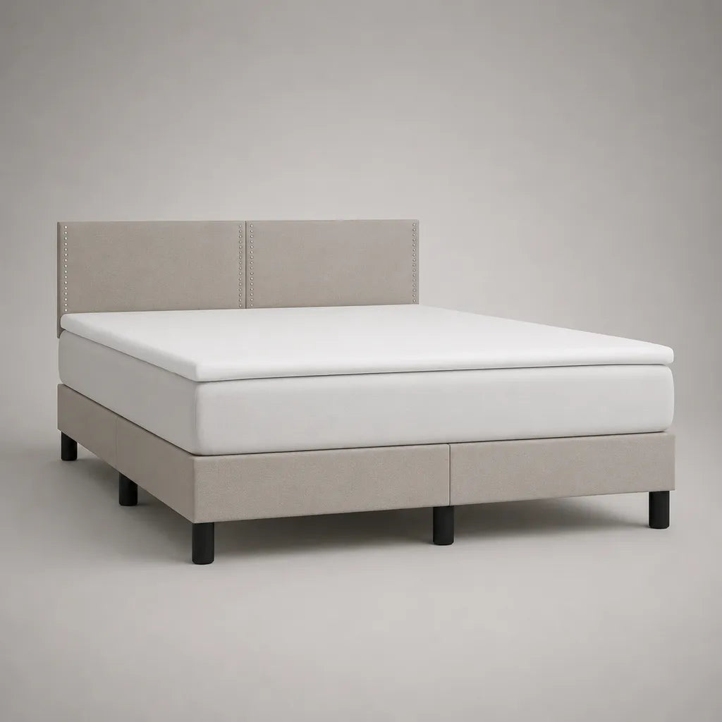 Lit 2 places avec tête de lit, matelas et surmatelas, revêtement en tissu beige, couchage 160 × 200 cm