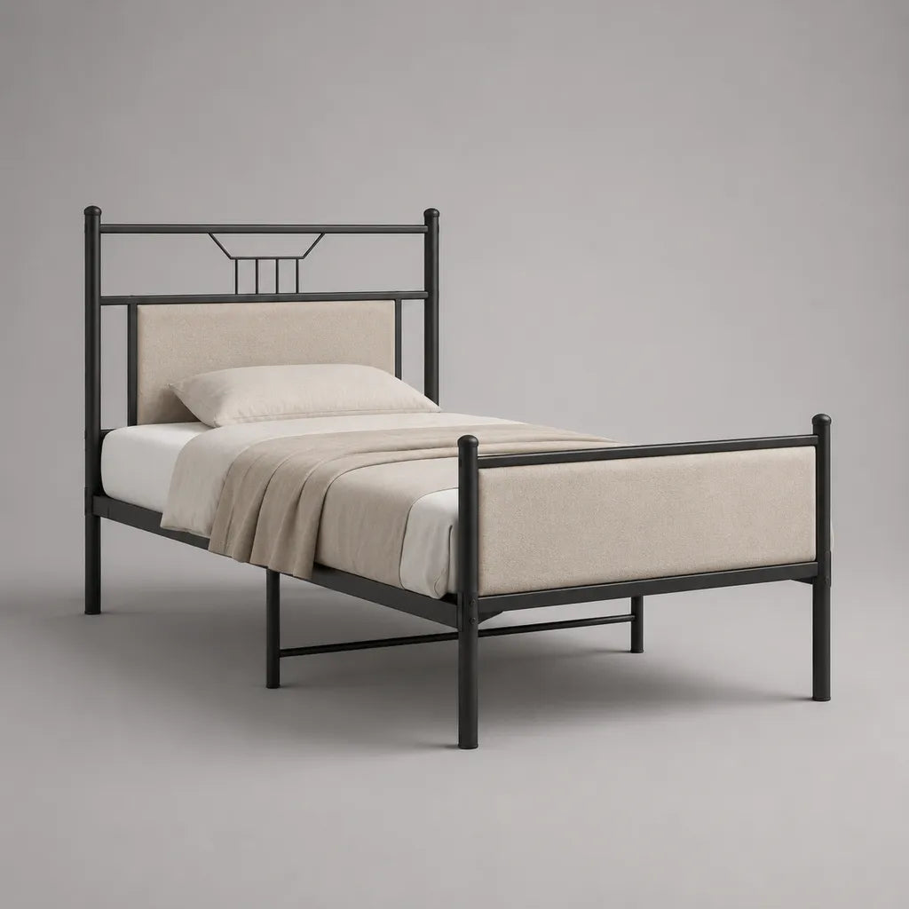 Lit simple 90 × 190 cm avec sommier, cadre en acier noir et panneaux rembourrés en polyester beige