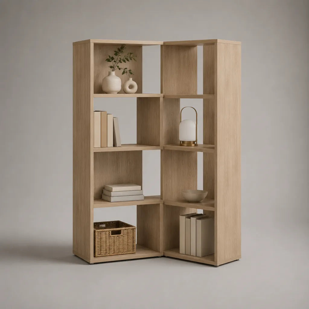 Bibliothèque d’angle en panneaux de particules mélaminés, 8 niches, chêne clair, 180 × 100 × 100 cm