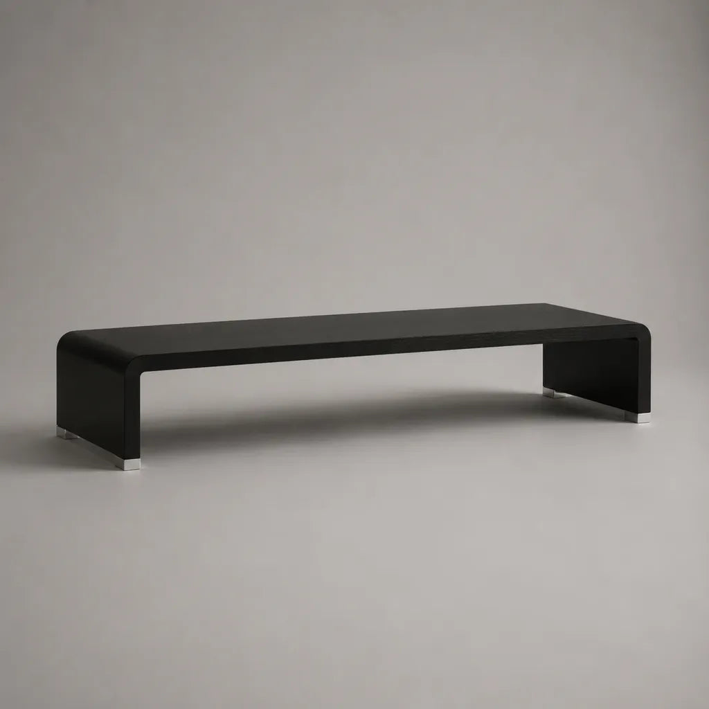 Meuble bas rectangulaire pour téléviseur en MDF cintré noir avec embouts en acier inoxydable, 120 × 35 × 30 cm