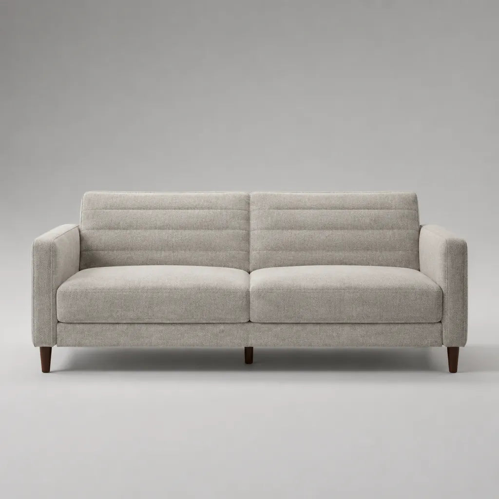 Canapé droit 3 places en tissu gris clair avec pieds en bois marron foncé, 190 × 82 × 86 cm