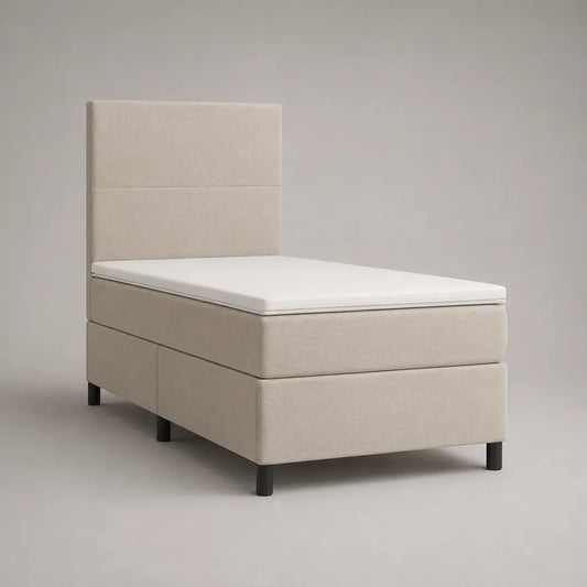 Ensemble lit continental 1 place en polyester beige avec matelas, surmatelas et tête de lit, couchage 90 x 200 cm