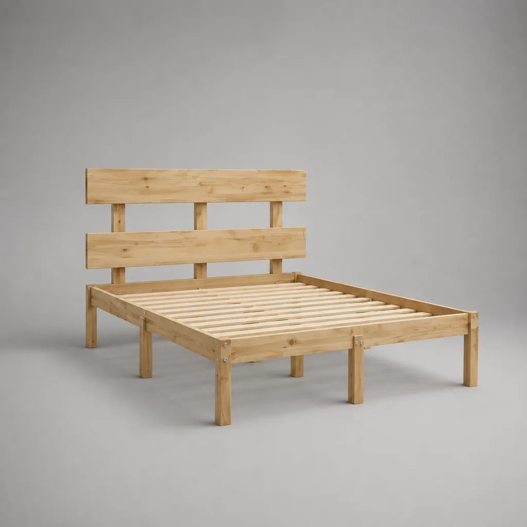 Lit double 160 x 200 cm en bois massif avec sommier à lattes et tête de lit, bois naturel