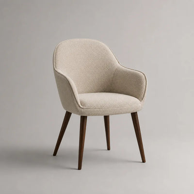 Chaise avec accoudoirs en tissu bouclé et bois, beige et brun foncé, 58 × 60 × 82 cm