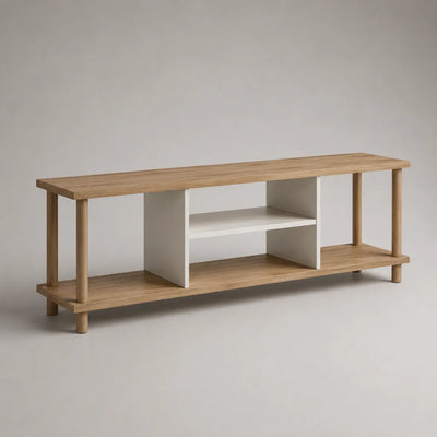 Meuble TV bas rectangulaire en MDF mélaminé et bois massif, 3 niches ouvertes, 160 × 40 × 55 cm, chêne clair et blanc
