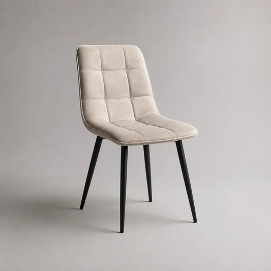Chaise de salle à manger rembourrée en polyester beige avec pieds en acier noir, 49 × 56 × 86 cm