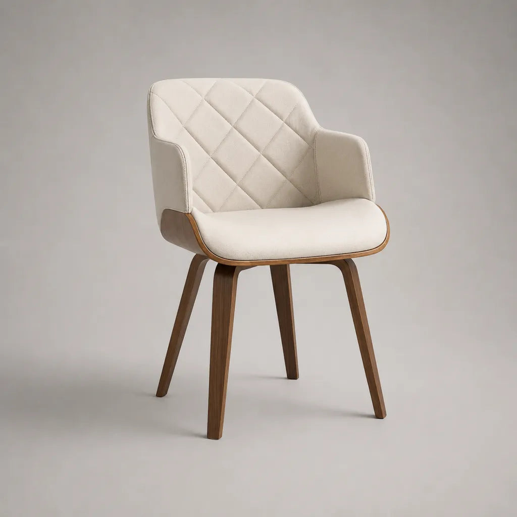 Chaise de salle à manger avec accoudoirs en tissu polyester crème et bois finition noyer, 59 × 58 × 83 cm