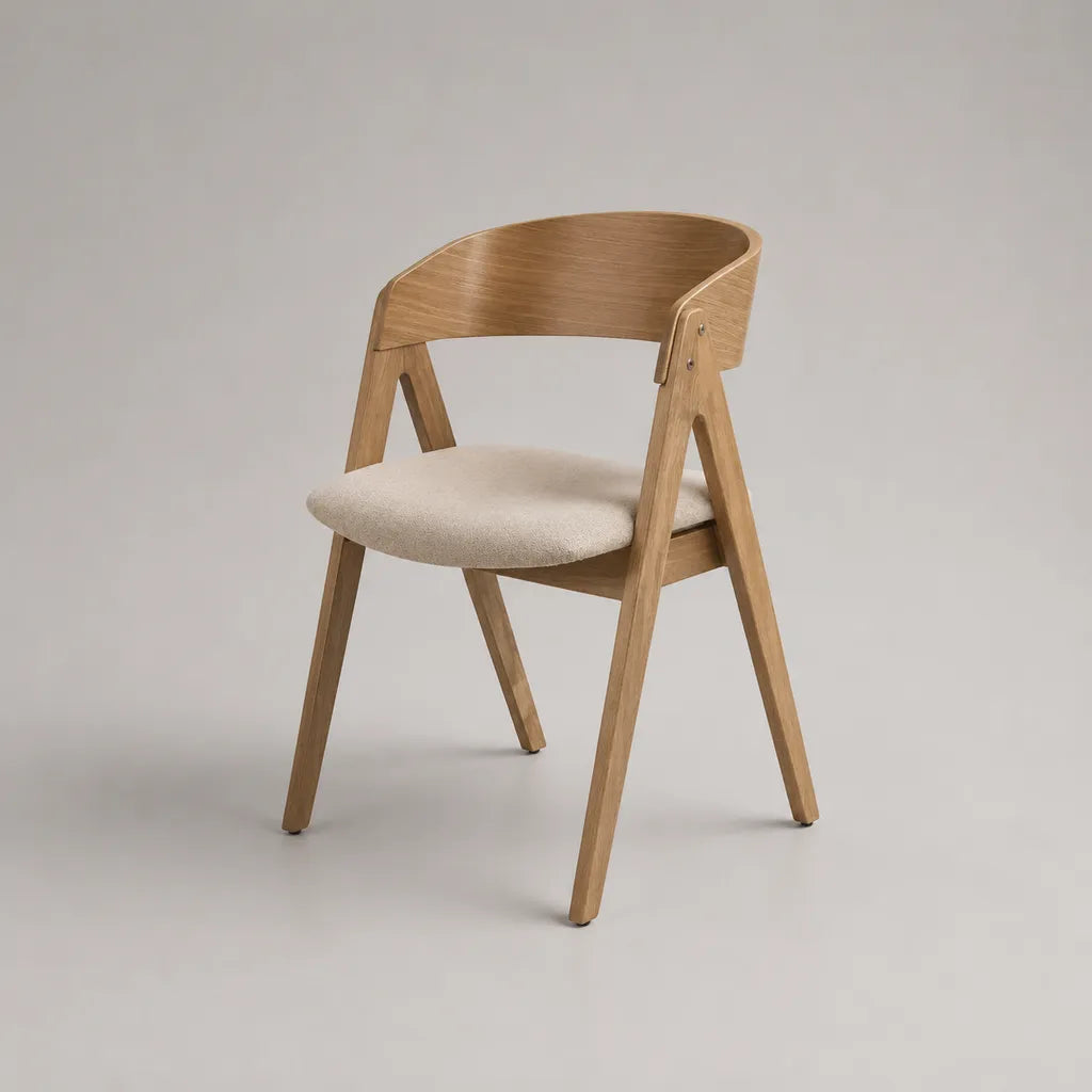 Chaise de salle à manger avec accoudoirs en bois, assise en tissu bouclé beige écru, 54 × 55 × 78 cm