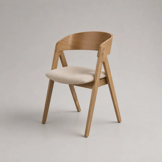 Chaise de salle à manger avec accoudoirs en bois, assise en tissu bouclé beige écru, 54 × 55 × 78 cm