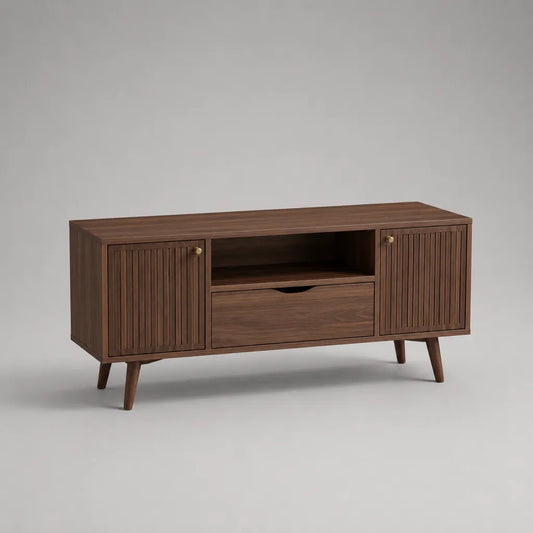 Meuble de télévision bas rectangulaire en MDF, 2 portes, 1 tiroir et 1 niche, brun noyer et doré, 140 × 40 × 65 cm