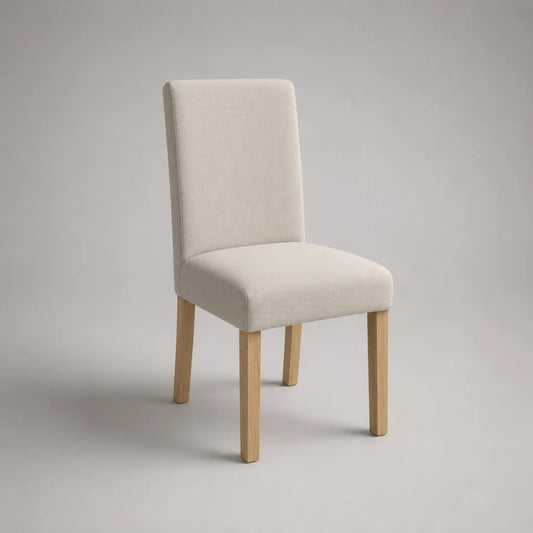 Chaise rembourrée en polyester beige avec pieds en hévéa massif, 45 × 55 × 95 cm
