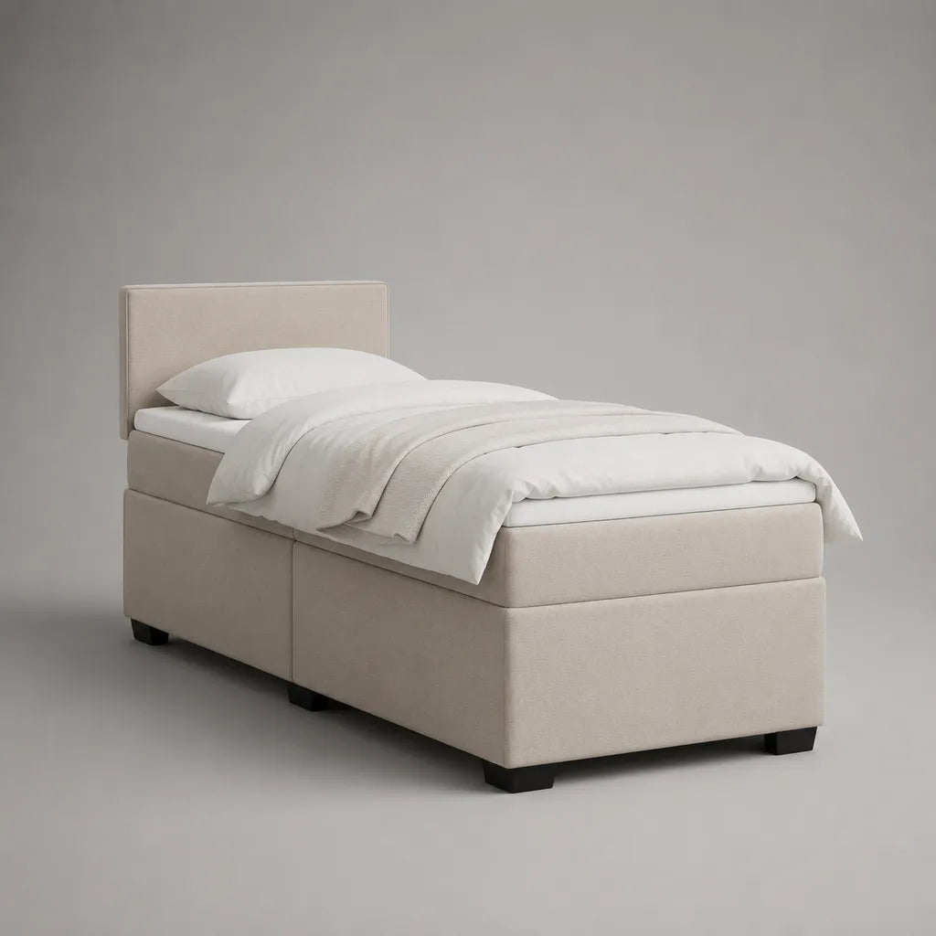 Ensemble lit simple rembourré en tissu beige avec tête de lit, matelas et surmatelas, 90 × 200 cm