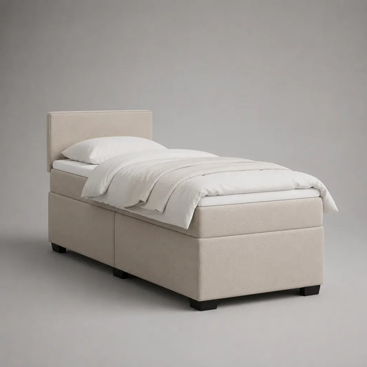 Ensemble lit simple rembourré en tissu beige avec tête de lit, matelas et surmatelas, 90 × 200 cm
