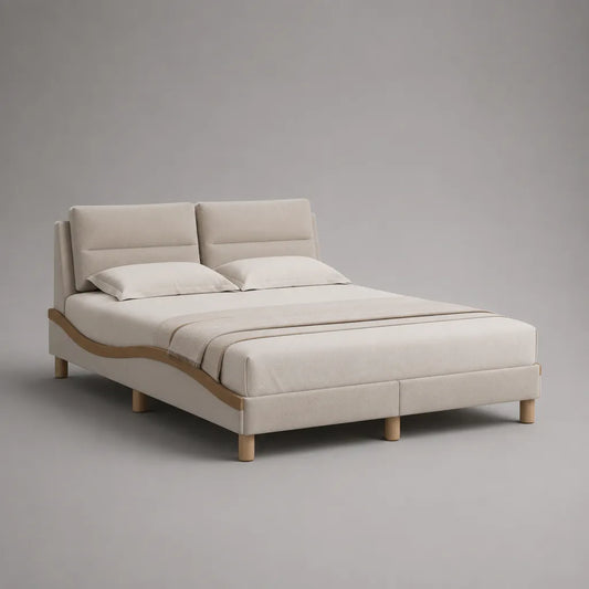 Lit double rembourré 160 x 200 cm avec sommier à lattes, tissu beige et bois naturel
