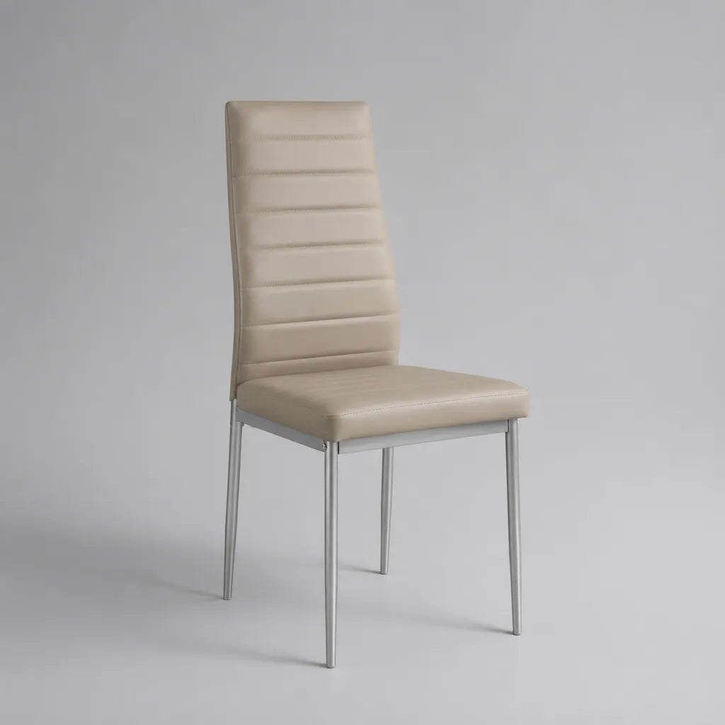 Chaise de salle à manger beige en similicuir et métal, dossier haut, 42 × 52 × 98 cm