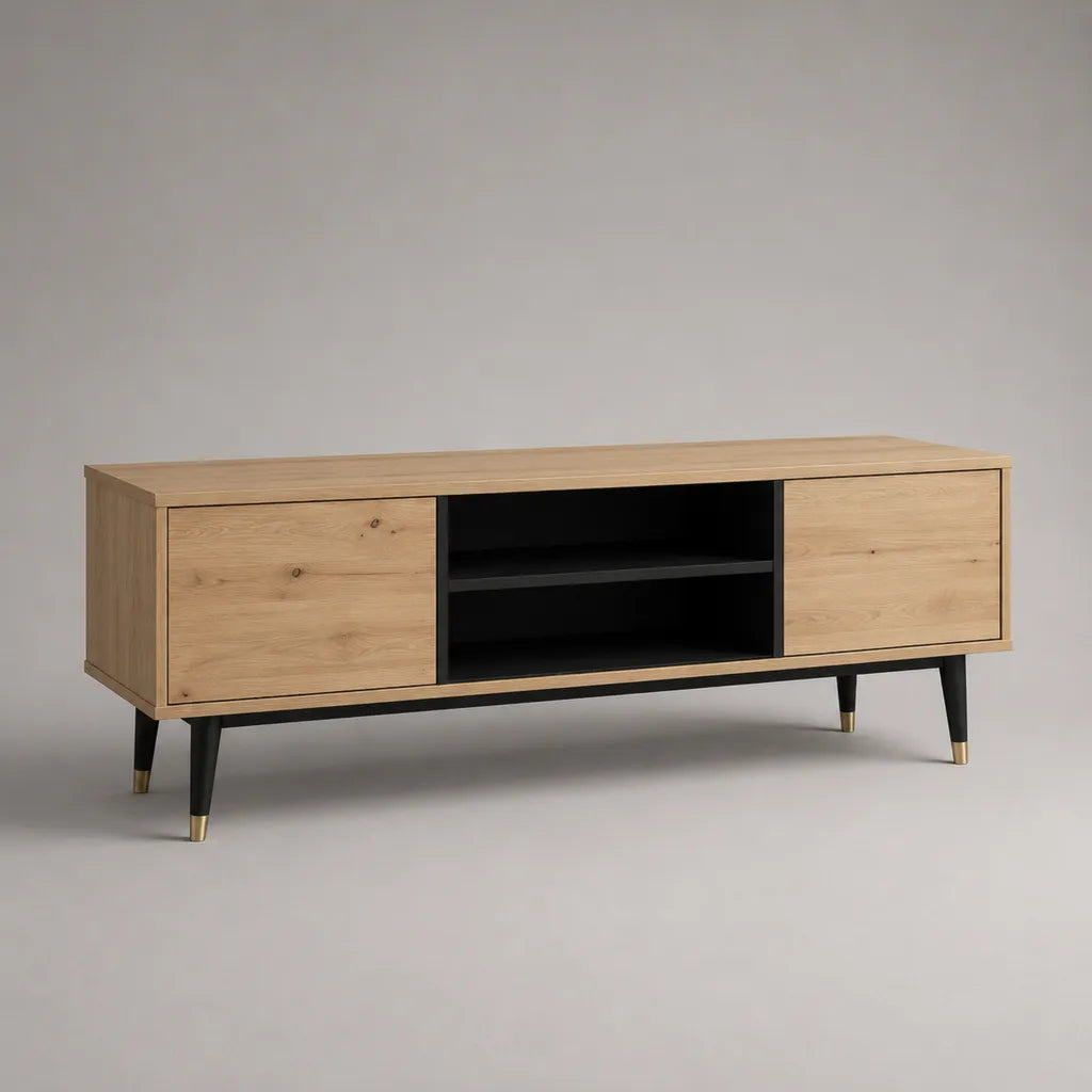 Meuble de télévision rectangulaire en bois et acier, chêne naturel, noir et doré, 150 × 40 × 60 cm