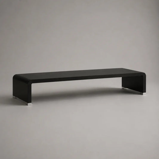 Meuble bas rectangulaire pour téléviseur en MDF cintré noir avec embouts en acier inoxydable, 120 × 35 × 30 cm