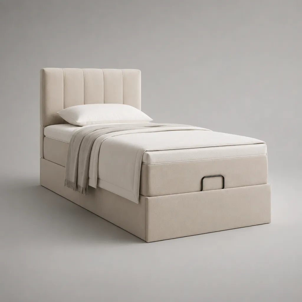 Lit coffre 1 place 90 x 190 cm en tissu beige crème avec tête de lit rembourrée et sommier relevable en acier