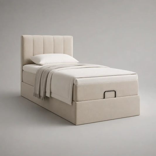 Lit coffre 1 place 90 x 190 cm en tissu beige crème avec tête de lit rembourrée et sommier relevable en acier