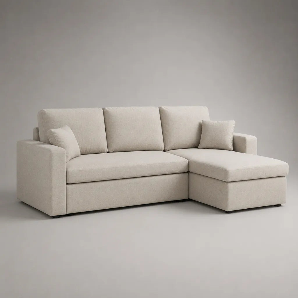 Canapé d'angle 3 places en tissu beige avec méridienne droite, 225 × 150 × 85 cm