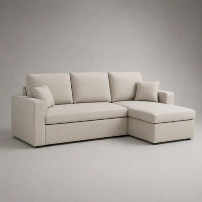 Canapé d'angle 3 places en tissu beige avec méridienne droite, 225 × 150 × 85 cm