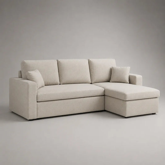 Canapé d'angle 3 places en tissu beige avec méridienne droite, 225 × 150 × 85 cm