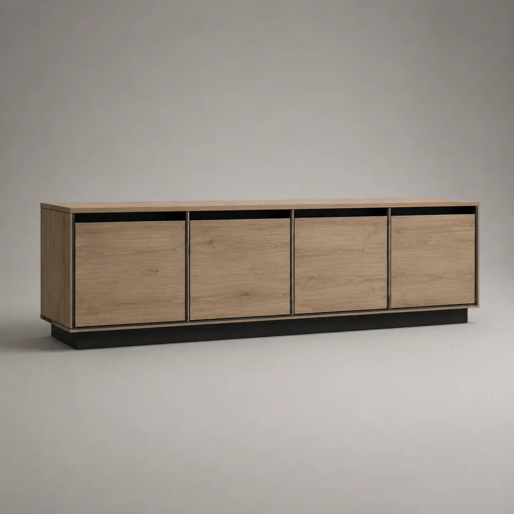 Meuble TV bas rectangulaire à 4 portes en panneaux de particules, chêne clair et noir, 180 × 40 × 60 cm