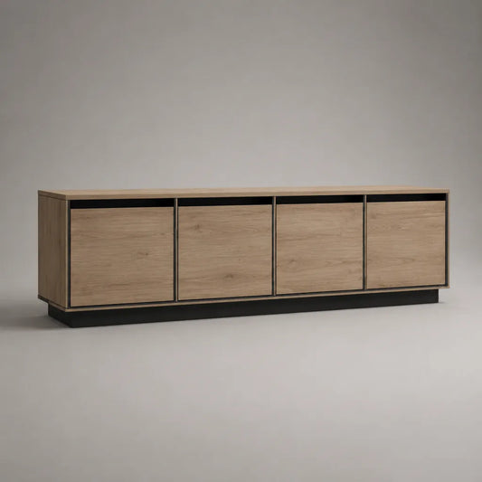 Meuble TV bas rectangulaire à 4 portes en panneaux de particules, chêne clair et noir, 180 × 40 × 60 cm