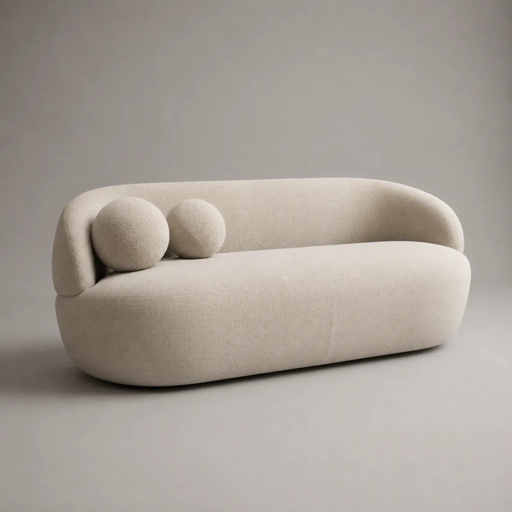 Canapé 3 places en tissu bouclé ivoire, forme arrondie, 220 × 96 × 76 cm