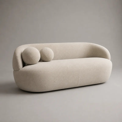Canapé 3 places en tissu bouclé ivoire, forme arrondie, 220 × 96 × 76 cm