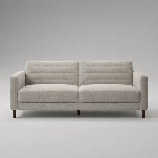 Canapé droit 3 places en tissu gris clair avec pieds en bois marron foncé, 190 × 82 × 86 cm