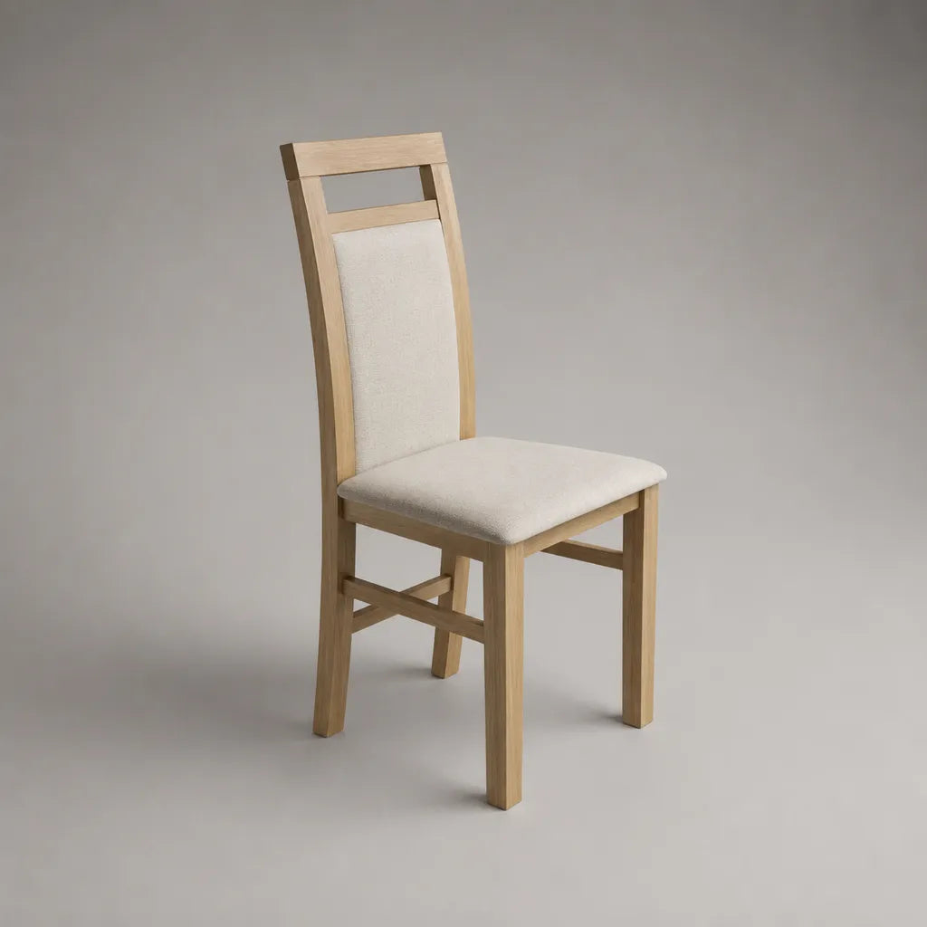 Chaise de salle à manger à dossier haut en hévéa massif et polyester, bois naturel et beige clair, 45 × 52 × 100 cm