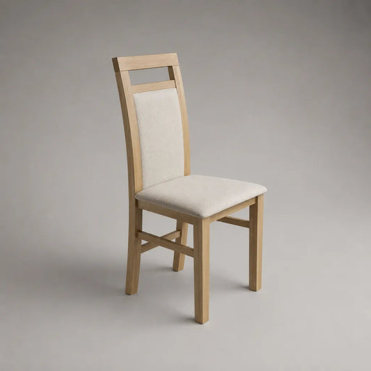 Chaise de salle à manger à dossier haut en hévéa massif et polyester, bois naturel et beige clair, 45 × 52 × 100 cm