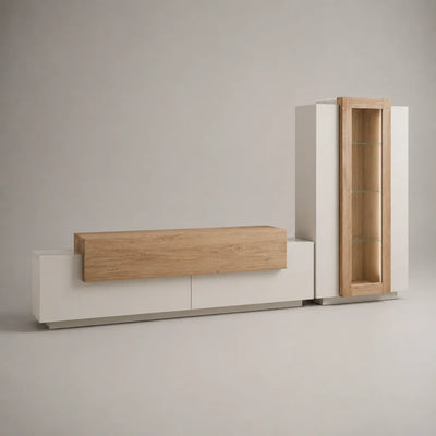 Ensemble meuble TV mural en bois et verre, blanc mat et chêne naturel, 280 × 40 × 190 cm