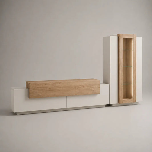 Ensemble meuble TV mural en bois et verre, blanc mat et chêne naturel, 280 × 40 × 190 cm