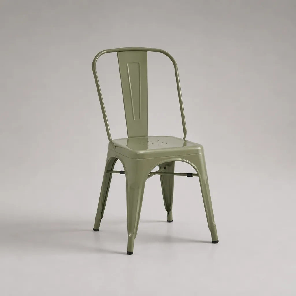 Chaise empilable en acier vert olive à dossier arrondi, 45 × 51 × 85 cm