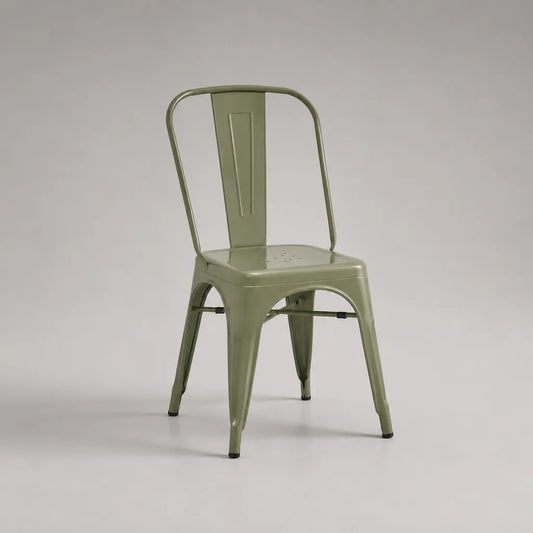 Chaise empilable en acier vert olive à dossier arrondi, 45 × 51 × 85 cm