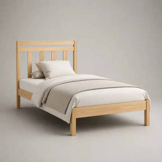 Lit simple en bois naturel avec sommier à lattes, 98 × 198 × 100 cm, couchage 90 × 190 cm